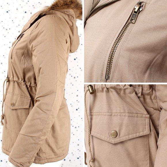 Khaki Faux Fur Hooded Utility Parka Jacket - Picture 4 of 8